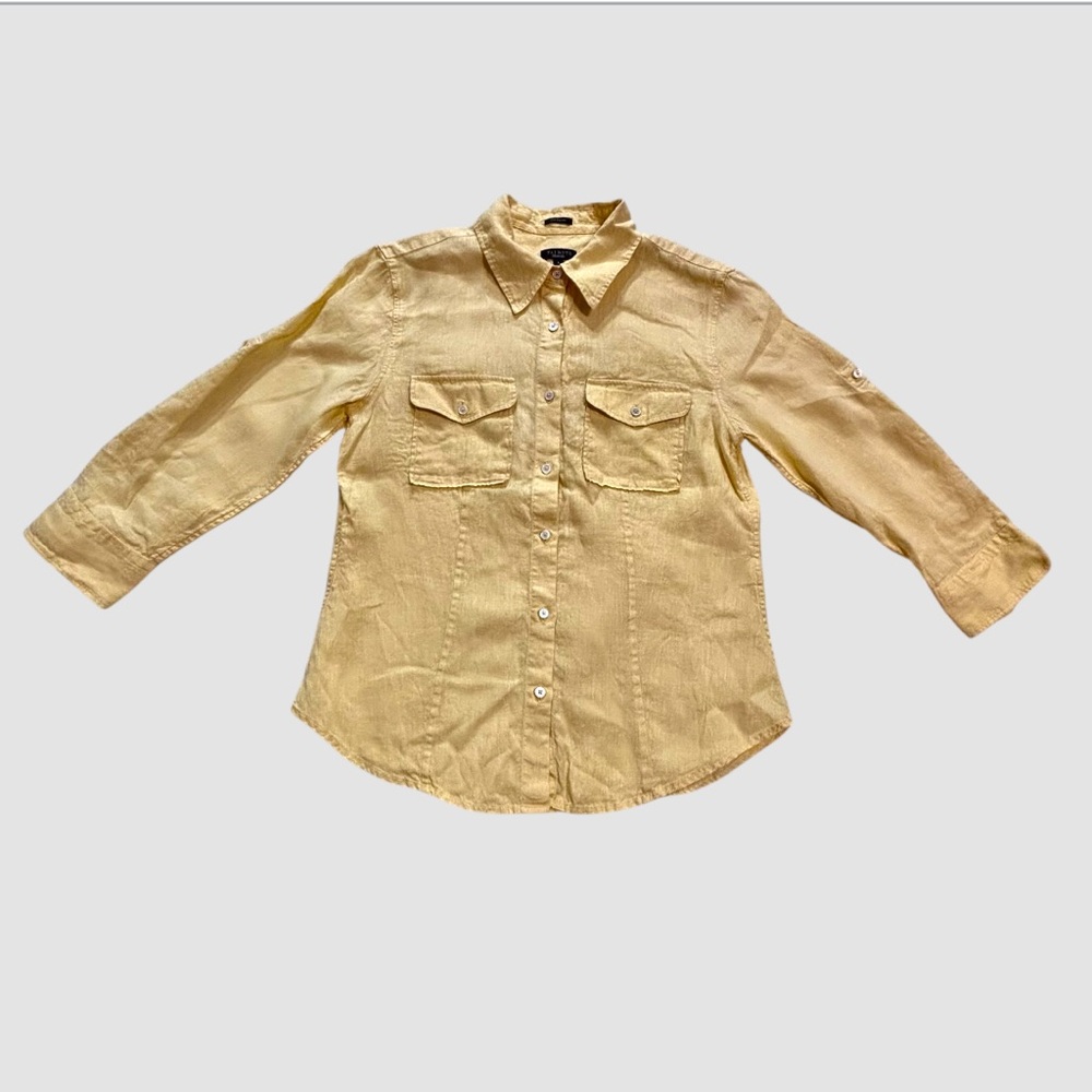 Talbots Women’s Small Top Butter Yellow Irish Linen Button Up 3/4 Sleeve Blouse